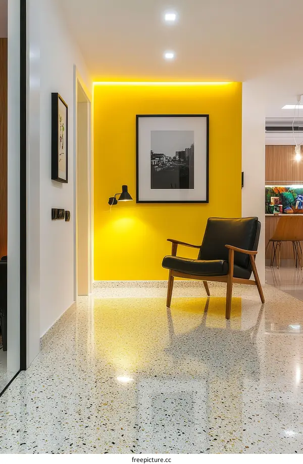 Modern Yellow Wall Interior Corridor with Speckled Flooring