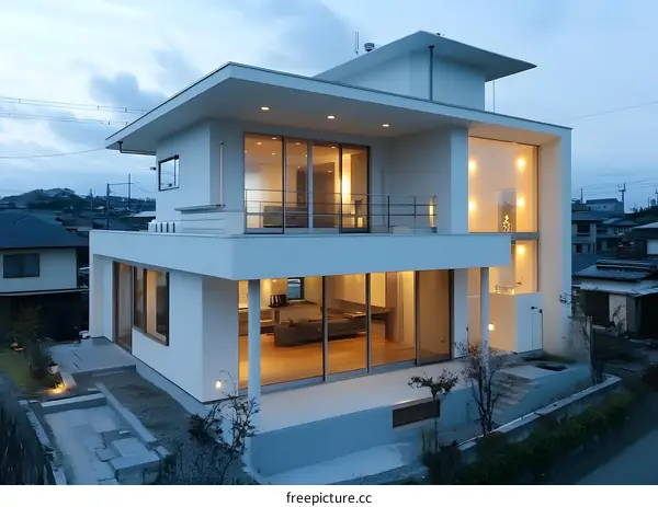 Modern White House Exterior with Glass Windows and a Balcony