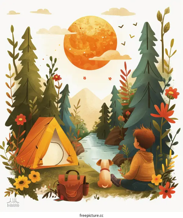 boy and dog camping in the forest