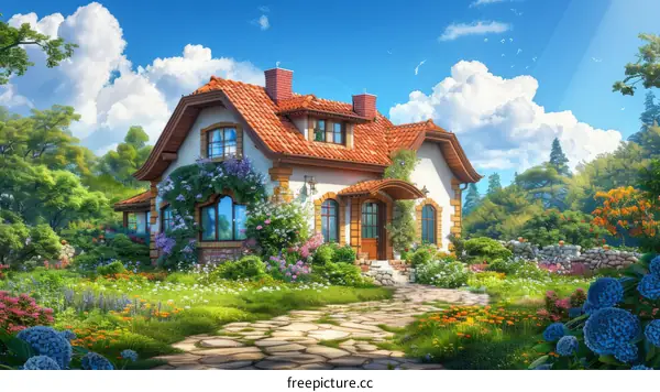 Charming Cottage with Red Roof and Blooming Garden