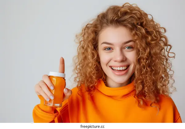Smiling young woman holding a bottle of vitamins