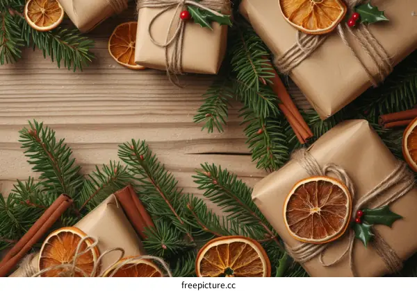 Christmas presents and decorations with fir branches and orange slices