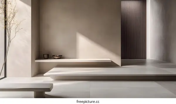 Minimalist Interior Design with White Bench and Shelf