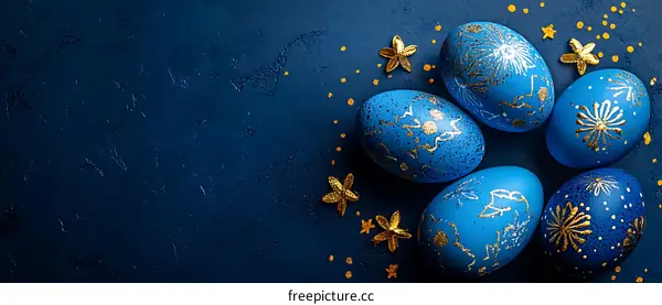 Decorative Blue Easter Eggs on Dark Background
