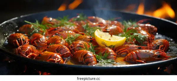 A delicious plate of crayfish with lemon and dill