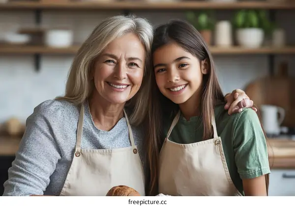 Grandmother and Granddaughter Smiling Portrait in Kitchen