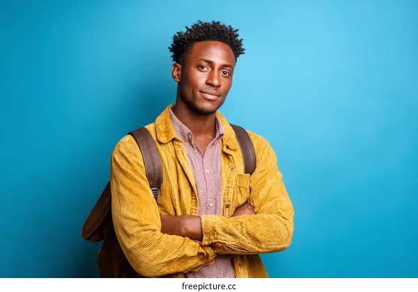 African Man in a Mustard-Yellow Jacket  With a Backpack