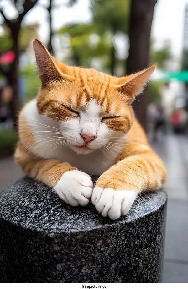 Orange and White Cat Sleeping on a Stone Column