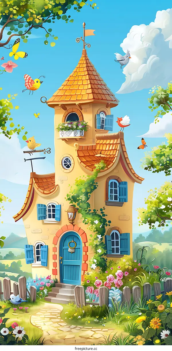 Beautiful Illustration of a Yellow House with a Garden