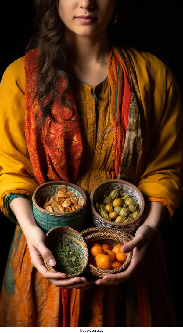 Middle Eastern woman holding bowls of nuts and fruit