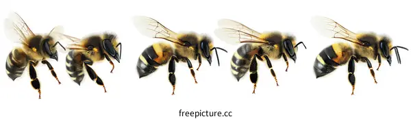Four Honeybees in Flight Displaying Detail
