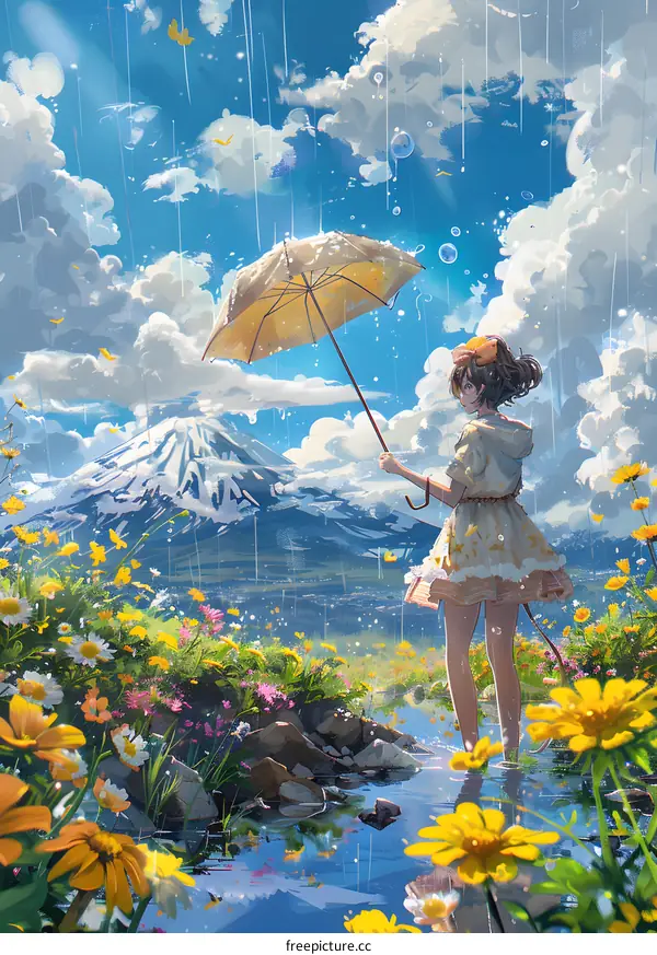 Girl With Umbrella Standing In Field Of Flowers