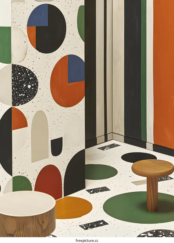 Geometric Pattern Wall with Colorful Circles and Stripes in a Room