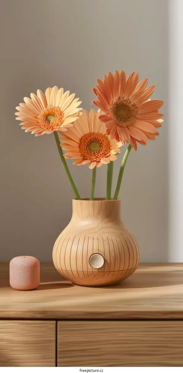 A wooden vase with orange flowers sits on a wooden table.