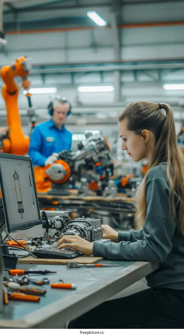 A woman is working on a computer in a factory.