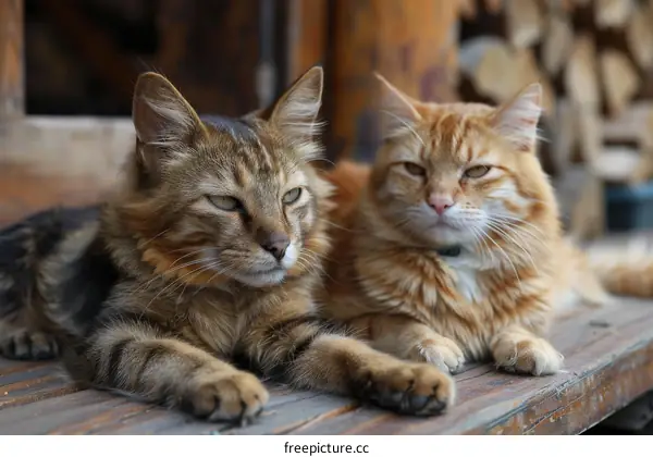 Two cats are lying on a wooden floor