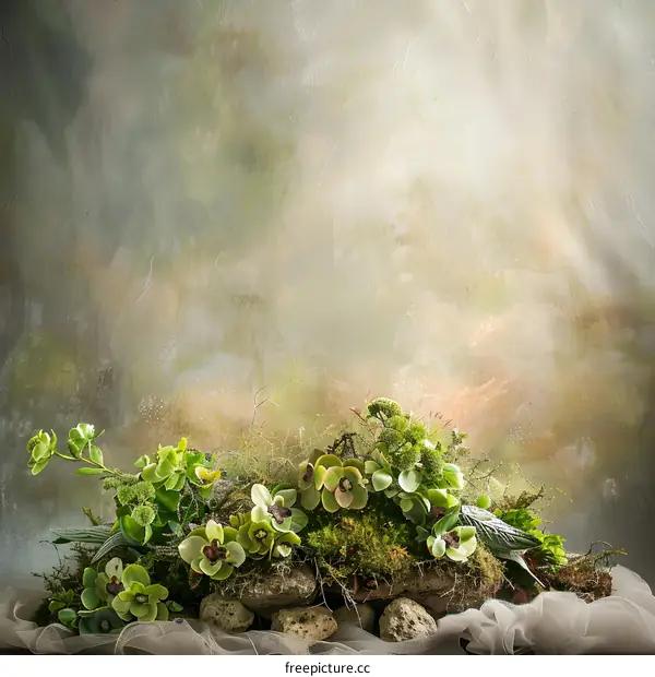 Green Floral Arrangement with Rocks and a Rustic Background