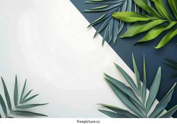 Green Leaves on White and Blue Background