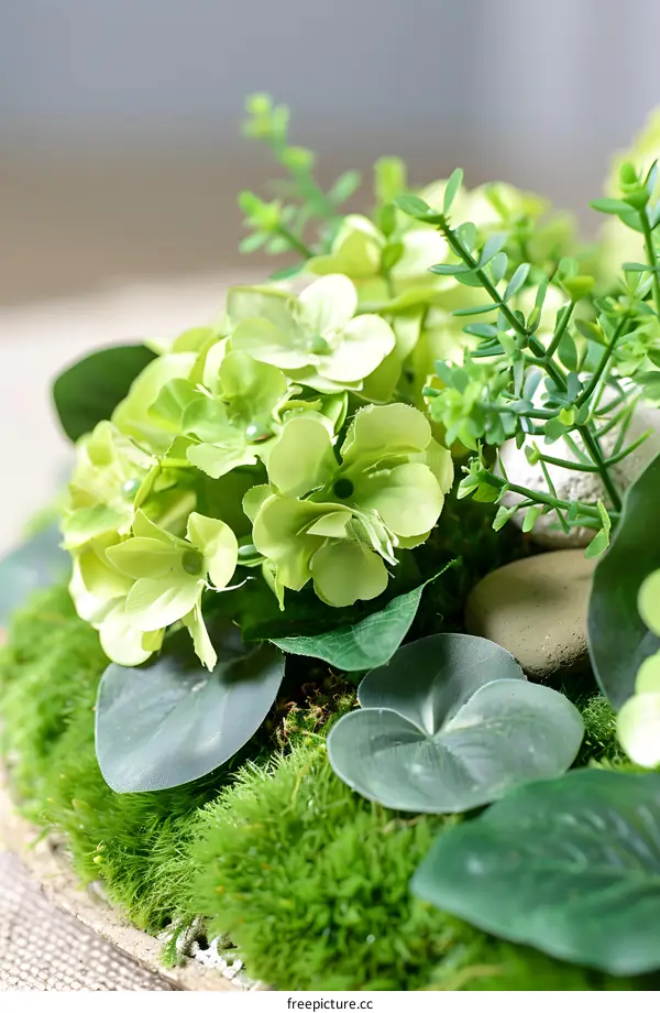 Green Flower Arrangement with Moss and Rocks