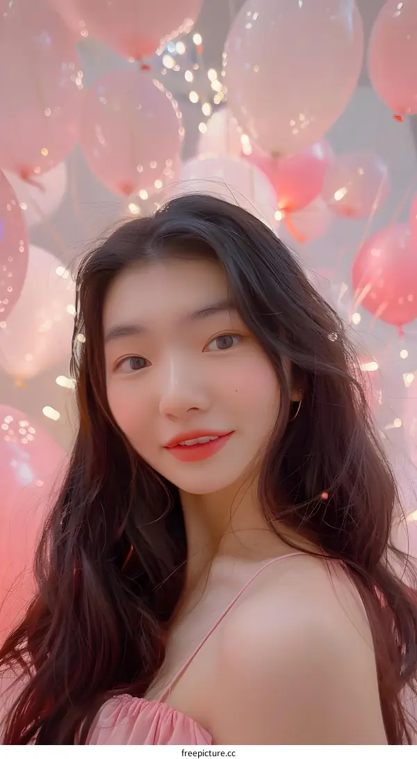 Asian Woman with Long Black Hair Posing in Front of Balloons