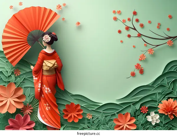 A woman wearing a kimono is holding a fan in a garden with cherry blossoms.