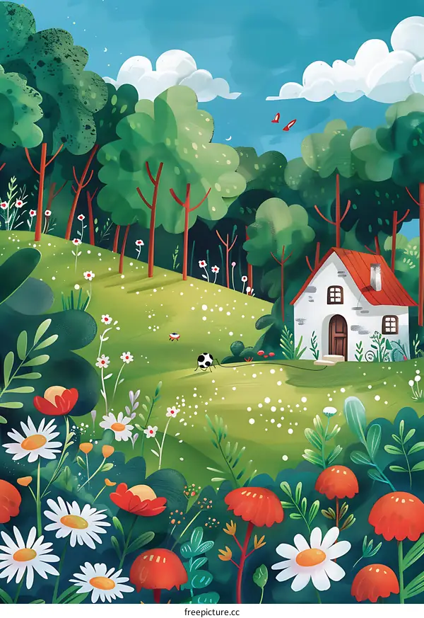 Colorful Illustration of a House in the Woods