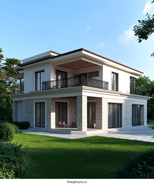 Modern House Design With Large Windows And Stone Exterior
