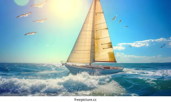 A sailboat is sailing on the rough sea with seagulls flying around it