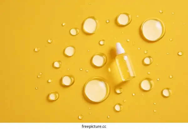 Water Droplets on a Bright Yellow Surface with Serum Bottle