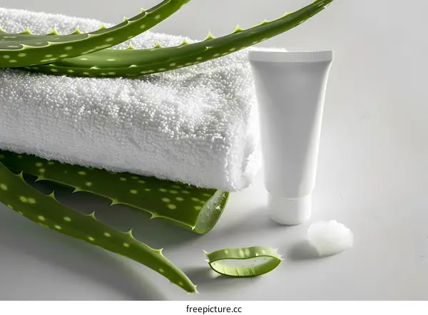 Aloe Vera Plant with Cream and Towel on White Background