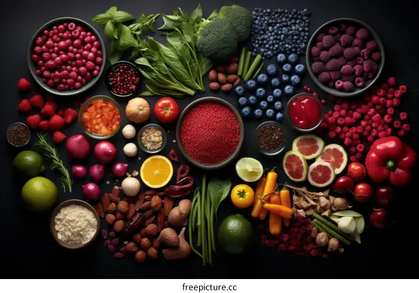 A variety of colorful fruits and vegetables are arranged on a black background.