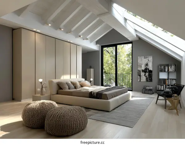 Modern Bedroom with Skylight and Knitted Poufs