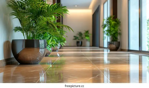 Modern Hallway with Plants and Marble Floor