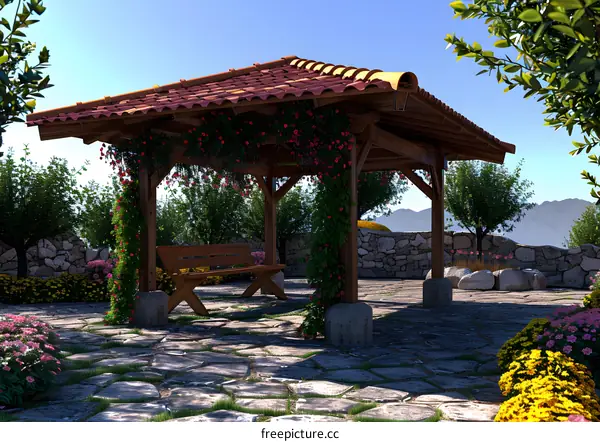 Wooden Gazebo with a Bench and Flowers