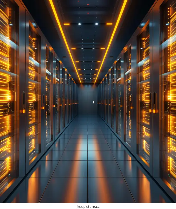Futuristic Technology Server Room With Glowing Orange Lights