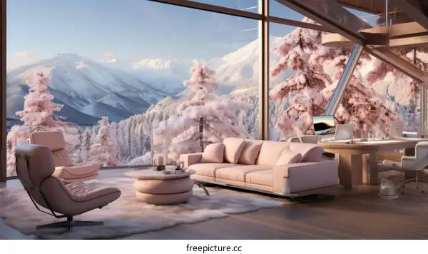 Modern Minimalist Living Room Interior with Panoramic Mountain Views