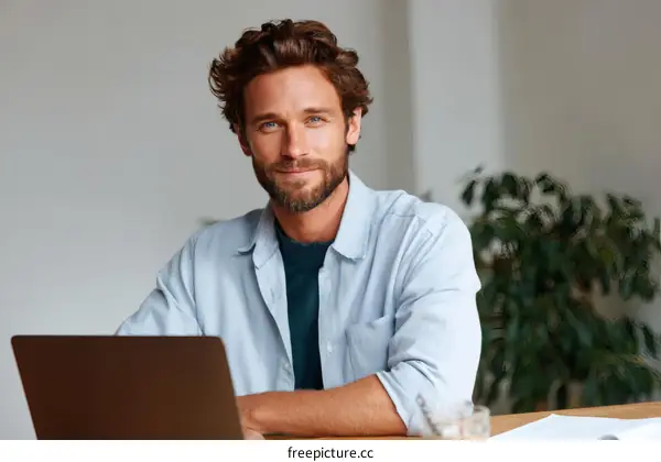 Smiling Man Working on Laptop in Home Office