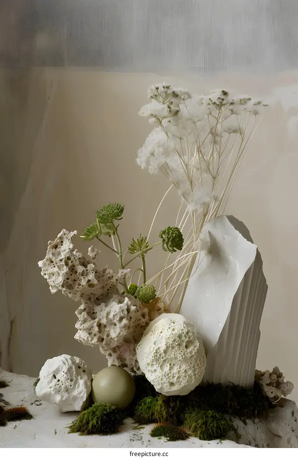 Stone, Moss, and Dried Flowers Still Life