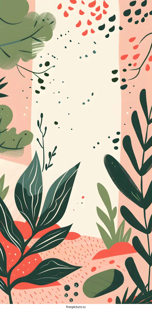 Abstract Botanical Illustration with Green and Red Leaves