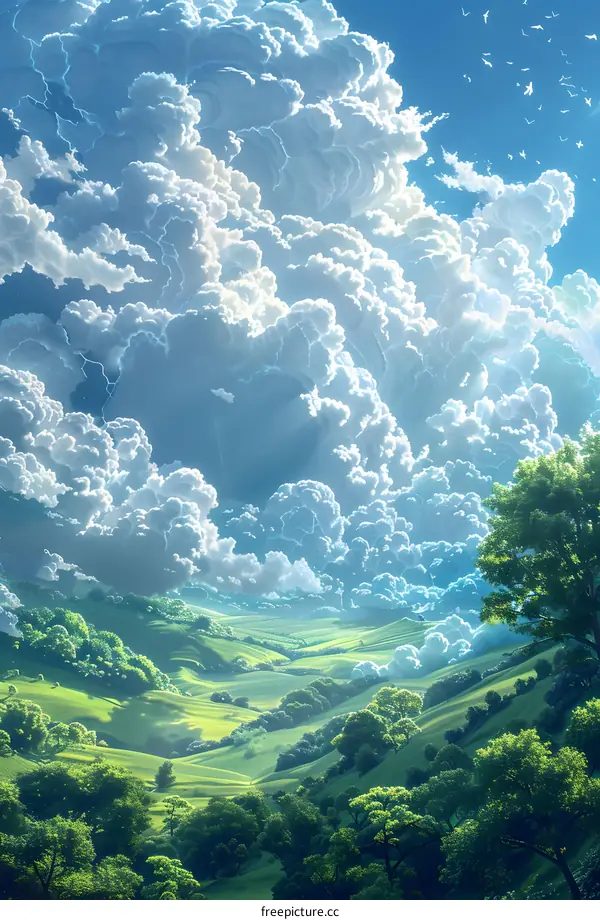 The vast sky is full of white clouds, and there are green hills and forests below.