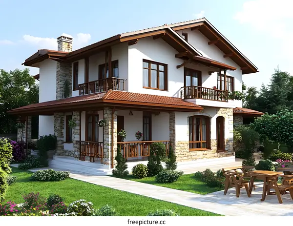 White Two Story House with Brown Wood Trim and Balcony