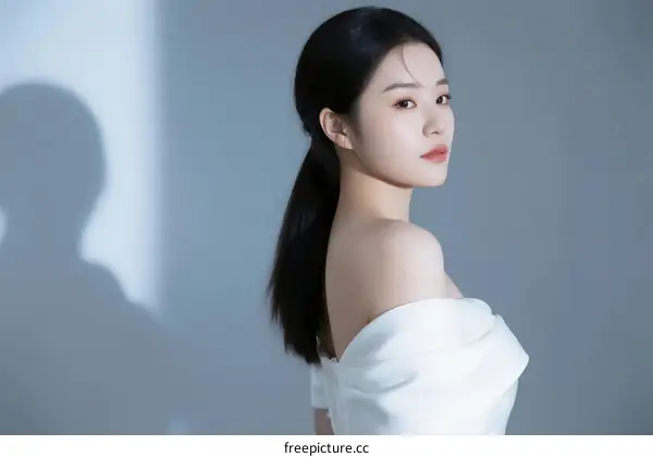 Elegant Young Woman with Long Black Hair in White Off-Shoulder Dress