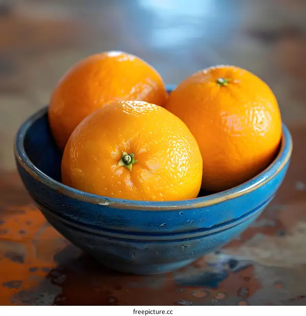 Three Oranges In A Blue Bowl