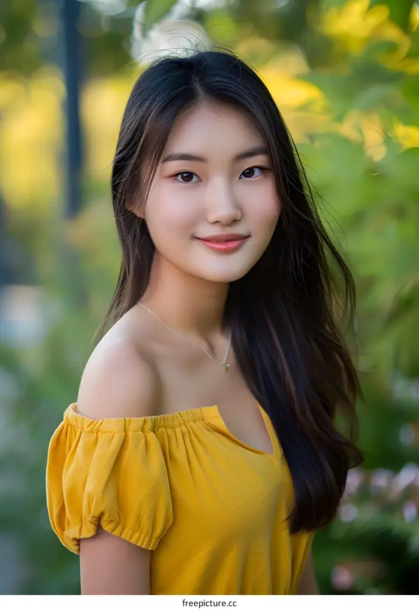 Beautiful Asian Woman With Long Black Hair Wearing Yellow Top