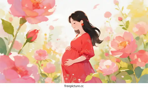 A Pregnant Woman Standing Amidst Vibrant Pink Flowers in a Garden