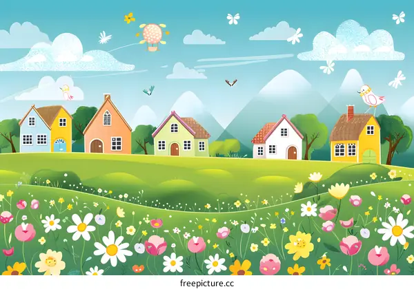 Beautiful Colorful Cartoon Village Illustration