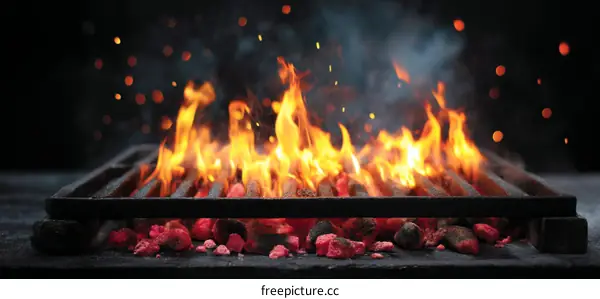 Burning Charcoal Grill with Intense Flames