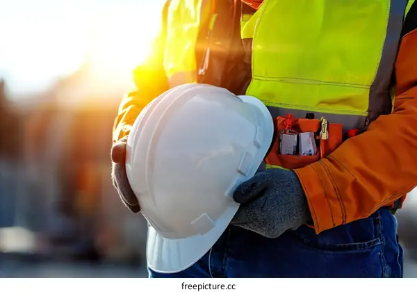 Construction Worker Holding Safety Helmet Outdoors