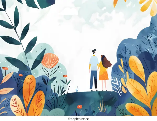 Couple Standing in a Watercolor Forest Illustration