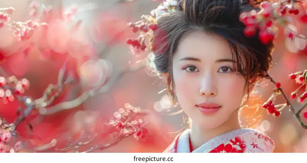 Portrait of a beautiful Japanese woman in traditional kimono with red and white plum blossoms